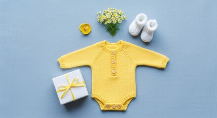 Fototapeta premium Sunny anticipation: A minimalist layout of baby essentials evoking springtime charm and tenderness