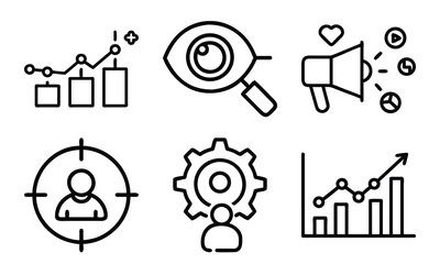 Marketing and Business Line Icons 6 Vector Icons for SEO Link Building, Sales Funnel, Promotion, Analytics, Customer Targeting and Digital Advertising