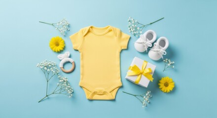 Delicate announcement laying with yellow baby clothing and presents on light blue background,