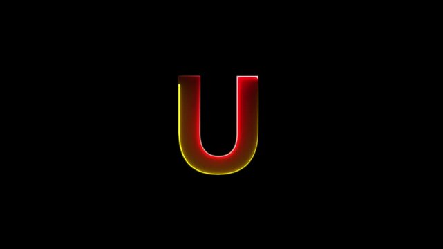 Glowing neon letter U , glowing neon font, U alphabet symbol . Seamless looping alphabet animation on black background.