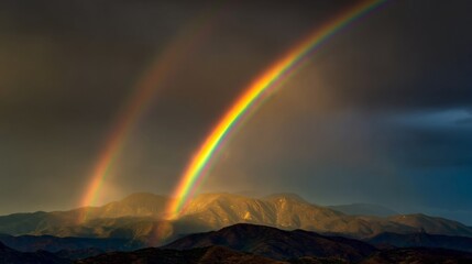 Majestic Double Rainbow Over Mountain Range After Rainstorm in Dramatic Sky with Clouds and Vibrant Colors