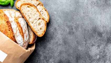 Freshly baked bread slices in a brown paper bag on a dark gray surface