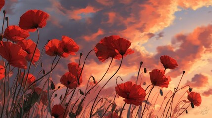Fototapeta premium Vibrant Red Poppies in a Breathtaking Sunset Sky with Dramatic Clouds and Soft Light Creating a Serene Atmosphere