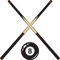 A crossed billiard cues and eight ball isolated on white background for sport, game, and recreation themes isolated on white background