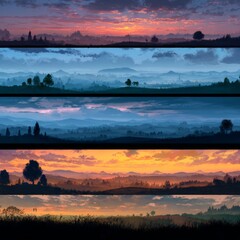 Obraz premium Colorful Gradient Landscape with Layered Mountains and Calm Skies at Sunset and Sunrise in Various Shades of Blue and Orange