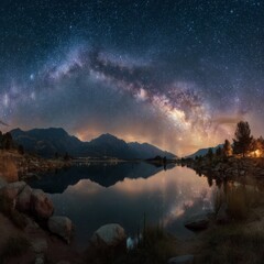 Serene Night Sky Over Calm Lake with Stars and Milky Way Reflection in Mountain Landscape