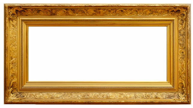 Elegant golden frame with intricate design, clear background