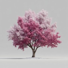 Obraz premium Elegant pink tree with vibrant blossoms standing alone against a minimalist gray background in soft pastel tones