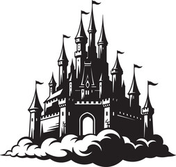 Obraz premium A majestic castle silhouette isolated on white background, a fairytale fortress with towers, spires, and flags against a clear sky, evoking dreams and magic isolated on white background