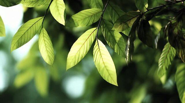 Green leaf foliage tree branch with sunlight shining through creating peaceful natural atmosphere and gentle rustling soft nature