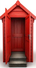 Red wooden beach hut with open doors and steps