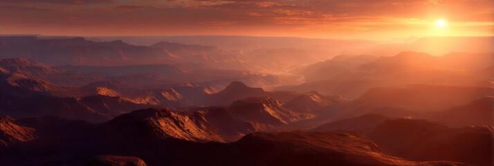 Majestic Sunrise Over Rugged Canyon Landscape Under Glowing Sky with Vibrant Colors and Dramatic Shadows