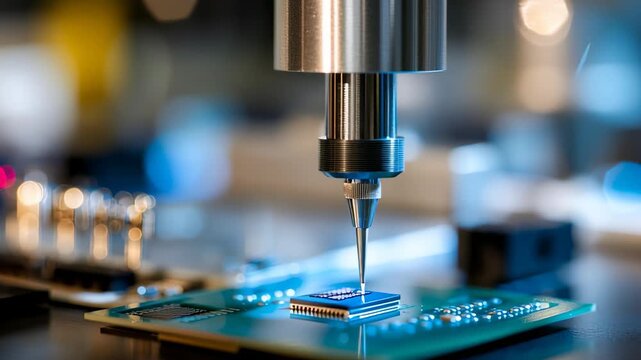 Precision alignment machine close up macro technology circuit board electronic component manufacturing process microchip probe