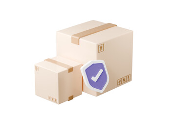 3d parcel box shield icon. secure delivery package concept. Minimal cartoon parcel box with check mark shield for trust insurance isolated on white transparent background. 3d render