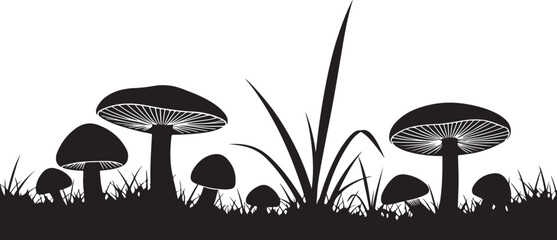 A Vector art of silhouette of mushrooms and grass isolated on white background, a simple and elegant design for naturethemed projects and illustrations isolated on white background