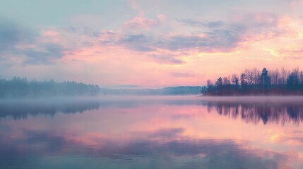 Fototapeta premium Serene Misty Lake at Sunrise with Reflective Water and Vibrant Sky in Tranquil Morning Atmosphere