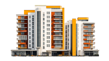 Modern residential building with vibrant orange accents and balconies