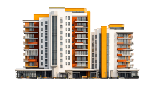 Modern residential building with vibrant orange accents and balconies