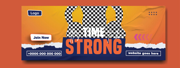 Muscular man in gym with motivational text time to get strong and healthy lifestyle