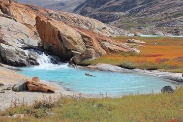 Turquoise glacial pool, rocky alpine meadow