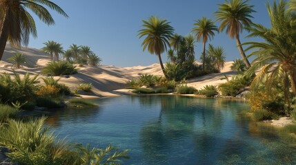 Obraz premium Lush Desert Oasis with Palm Trees and Clear Water Under Bright Blue Sky