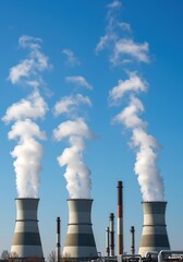 Industrial power plant cooling towers white steam emission blue sky pollution environment. Nuclear facility energy production environmental impact climate change. Industrial emissions concept