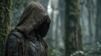 Obraz premium Ripped hem with torn leather concept. A mysterious figure in a hooded cloak stands in a lush forest.