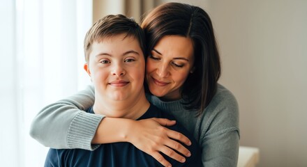 Caucasian mother embracing down syndrome son home window natural light love support inclusion. Woman hugging special needs child family bonding care acceptance diversity. Down syndrome family concept