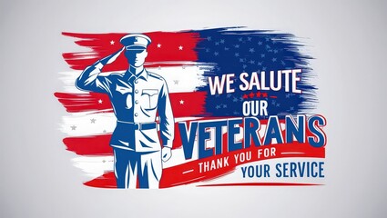 A saluting soldier with american flag and text we salute our veterans thank you for your service