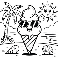 Cartoon ice cream cone with sunglasses on a beach with palm tree and sun summer