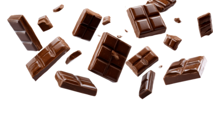Chocolate pieces floating in air with a transparent background