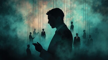 Businessman silhouette with puppet strings controlling multiple figures in surreal atmospheric scene. Corporate manipulation concept with dramatic lighting and smoke effects