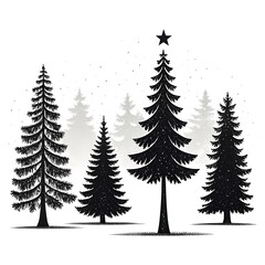 Obraz premium Silhouette christmas trees with star isolated on white background