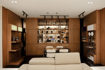 minimalist interior design room with furniture and dim lighting 1