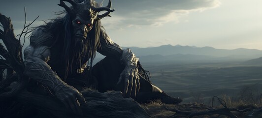 Fototapeta premium A haunted gothic demon perched on a wind-swept hill,generative AI