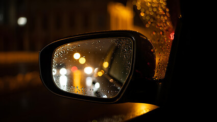 Rain-Streaked Car Mirror Reflecting City Lights at Night Capturing Urban Ambiance