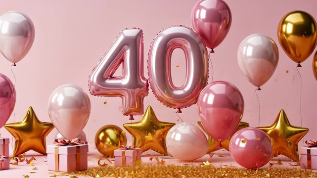 Celebratory 40th birthday scene with balloons and falling confetti festivity