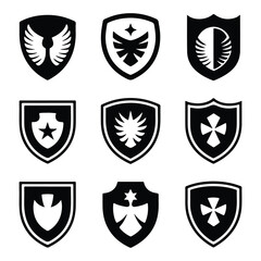 Obraz premium Nine black and white shield emblems with various symbols, crest badge