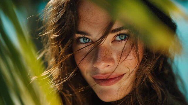 A portrait of a woman with blue eyes, freckles, and flowing brown hair. Seen through green foliage. A subtle smile