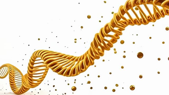 On a stark, pure backdrop, a symphony of golden molecules unraveling like spring in reverse motion cascades down in a beautifully orchestrated flow, their shining surfaces reflecting