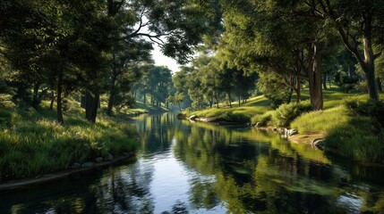 Lush Green Forest with Serene River Reflecting Sunlight in Peaceful Nature Landscape