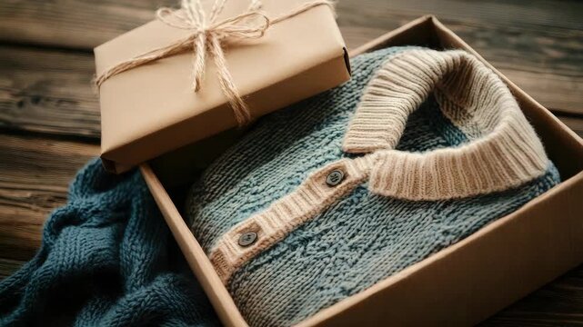 Cozy blue knitted sweater in gift box tied with string