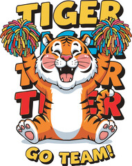 Fototapeta premium Cartoon tiger mascot cheering with pom-poms, promoting a team.