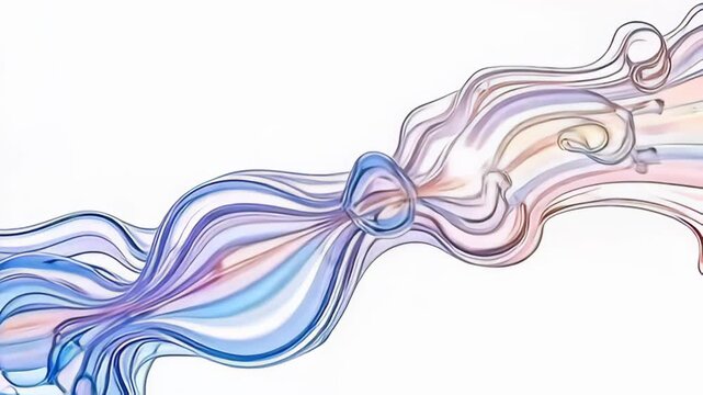 In a dynamic close-up, iridescent liquid molecules unraveling like spring in reverse motion reveal intricate connections and flowing trails, their glossiness accentuated by light bursts,