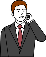 メガネ無し、グレースーツ、スマホで電話する男性