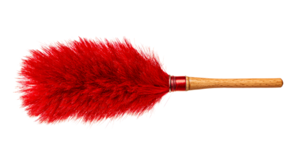 Bright red feather duster with wooden handle for cleaning tasks