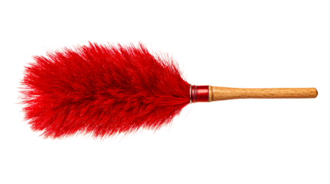 Bright red feather duster with wooden handle for cleaning tasks
