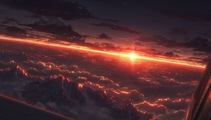Aerial sunset view through airplane window. Vast cloudscapes meet fiery horizon, with snowy mountain peaks below
