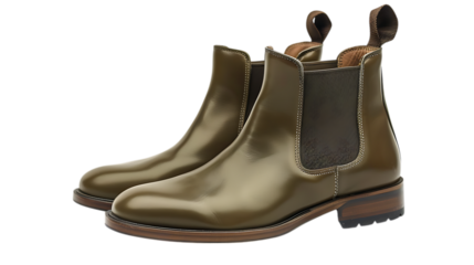 Pair of olive green leather chelsea boots isolated on transparent background, a stylish and elegant footwear option for men, perfect for adding a touch of sophistication to any outfit