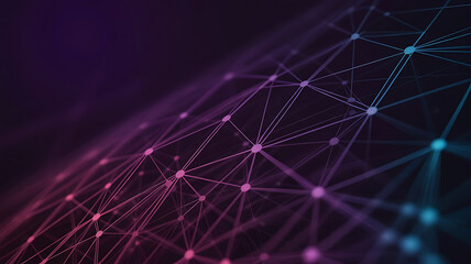 Abstract network of glowing nodes and lines in a dark futuristic digital space with purple and blue hues